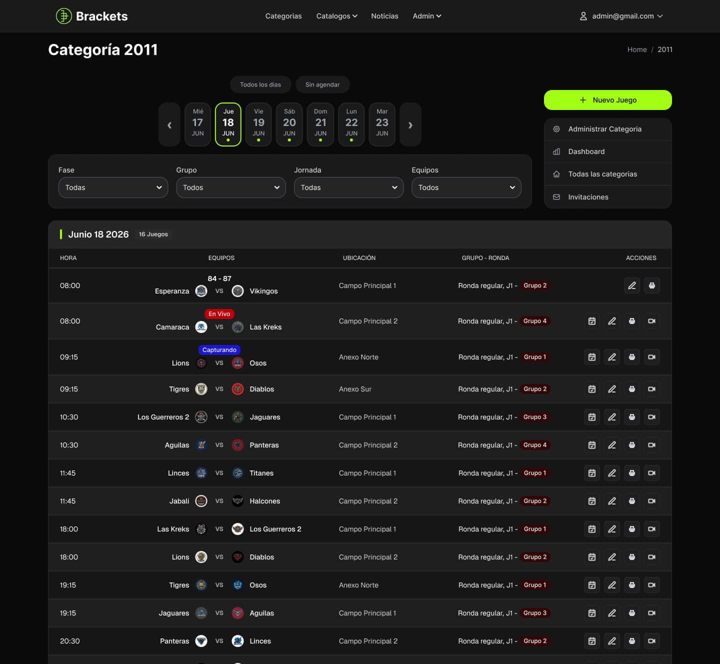 Brackets admin schedule view showing games by day with live and capturing status labels.