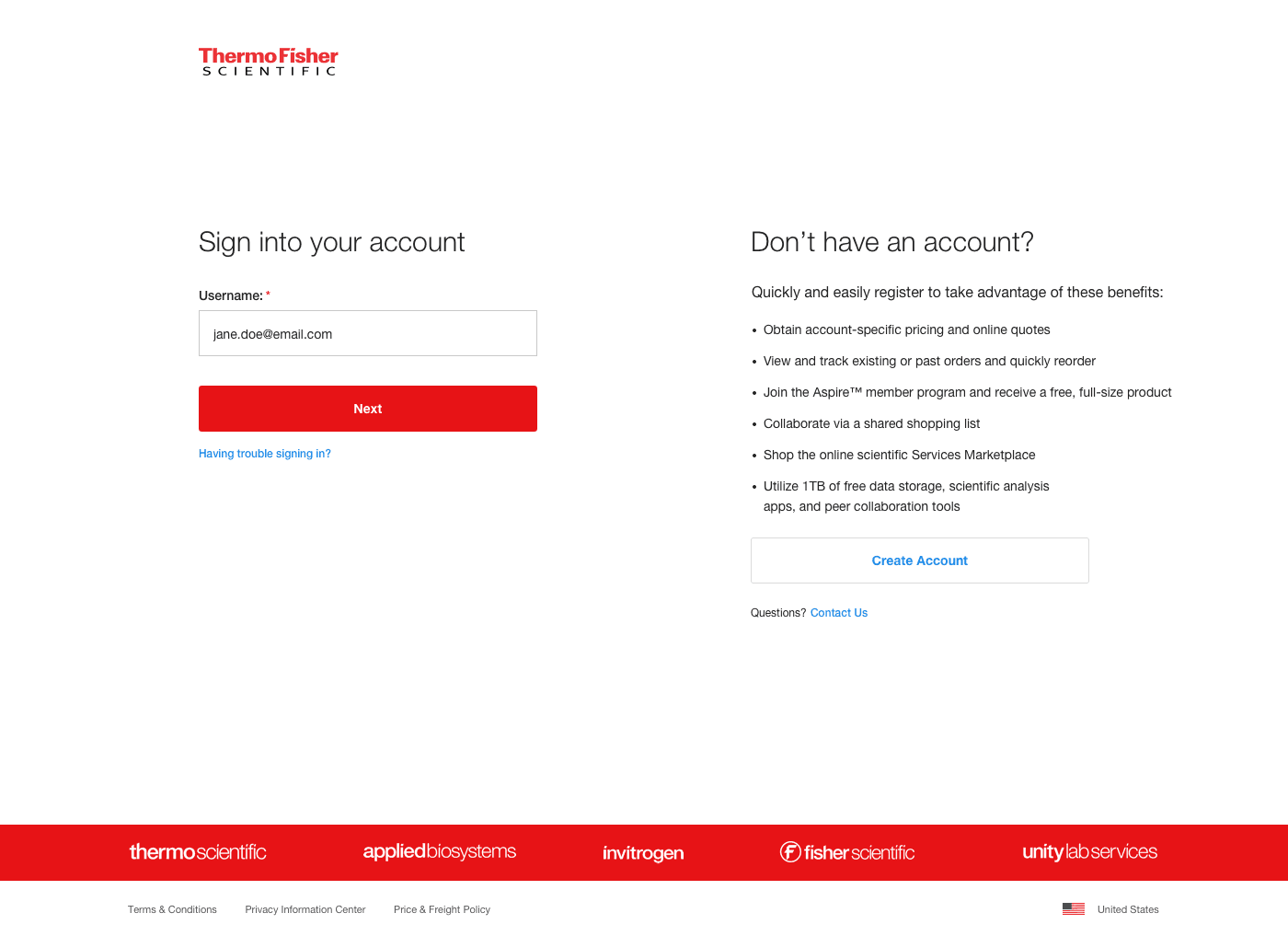 High fidelity mockup showing the new single sign on design. The mockup is showing the first step of the SSO utilizing the latest Thermo Fisher's design system